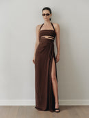Brown Chiffon Cut Out Dress with Hand-Made Gold Pleated Stone Accesory
