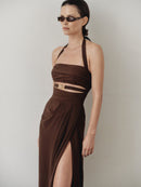 Brown Chiffon Cut Out Dress with Hand-Made Gold Pleated Stone Accesory