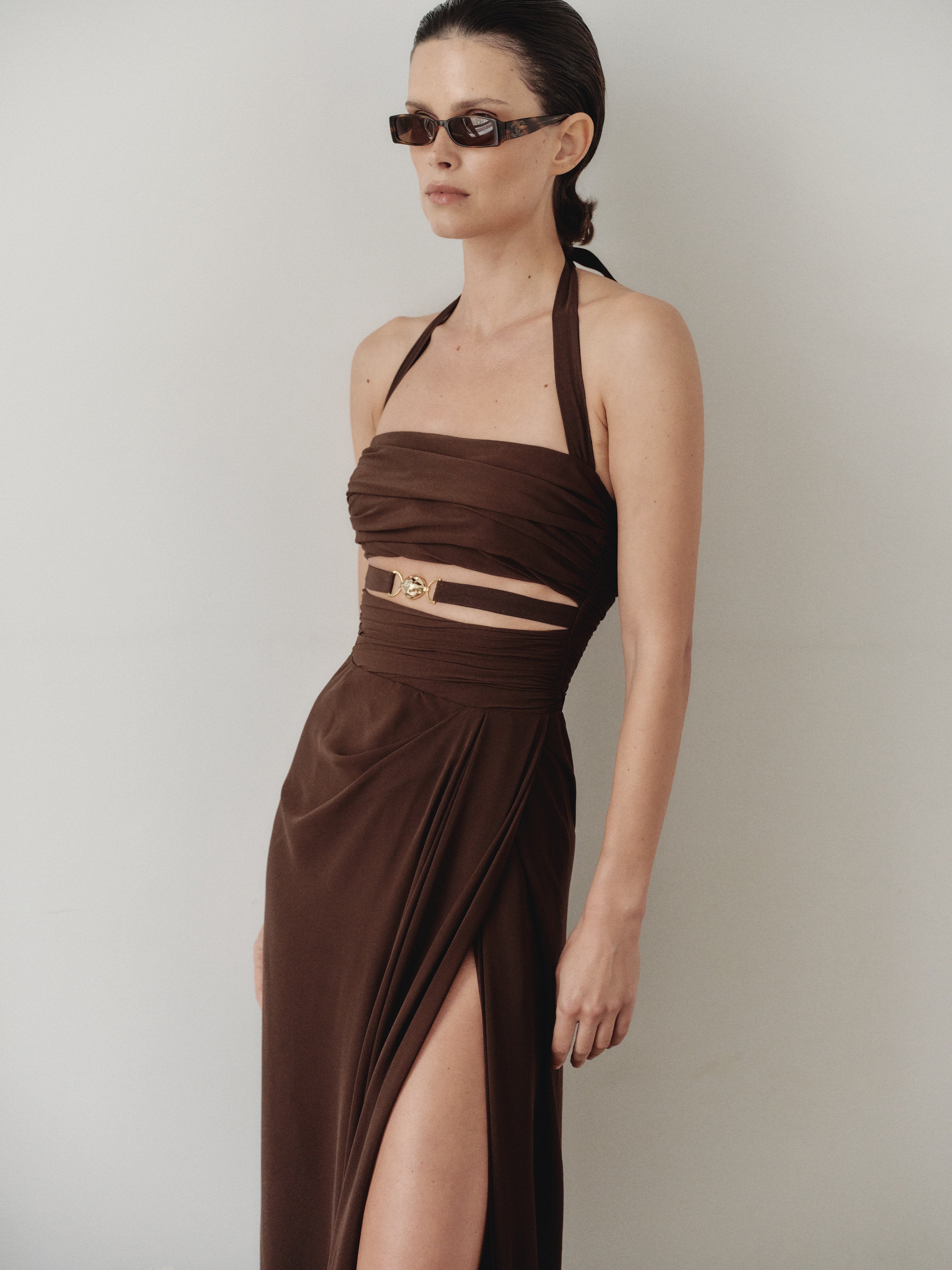 Brown Chiffon Cut Out Dress with Hand-Made Gold Pleated Stone Accesory