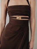Brown Chiffon Cut Out Dress with Hand-Made Gold Pleated Stone Accesory