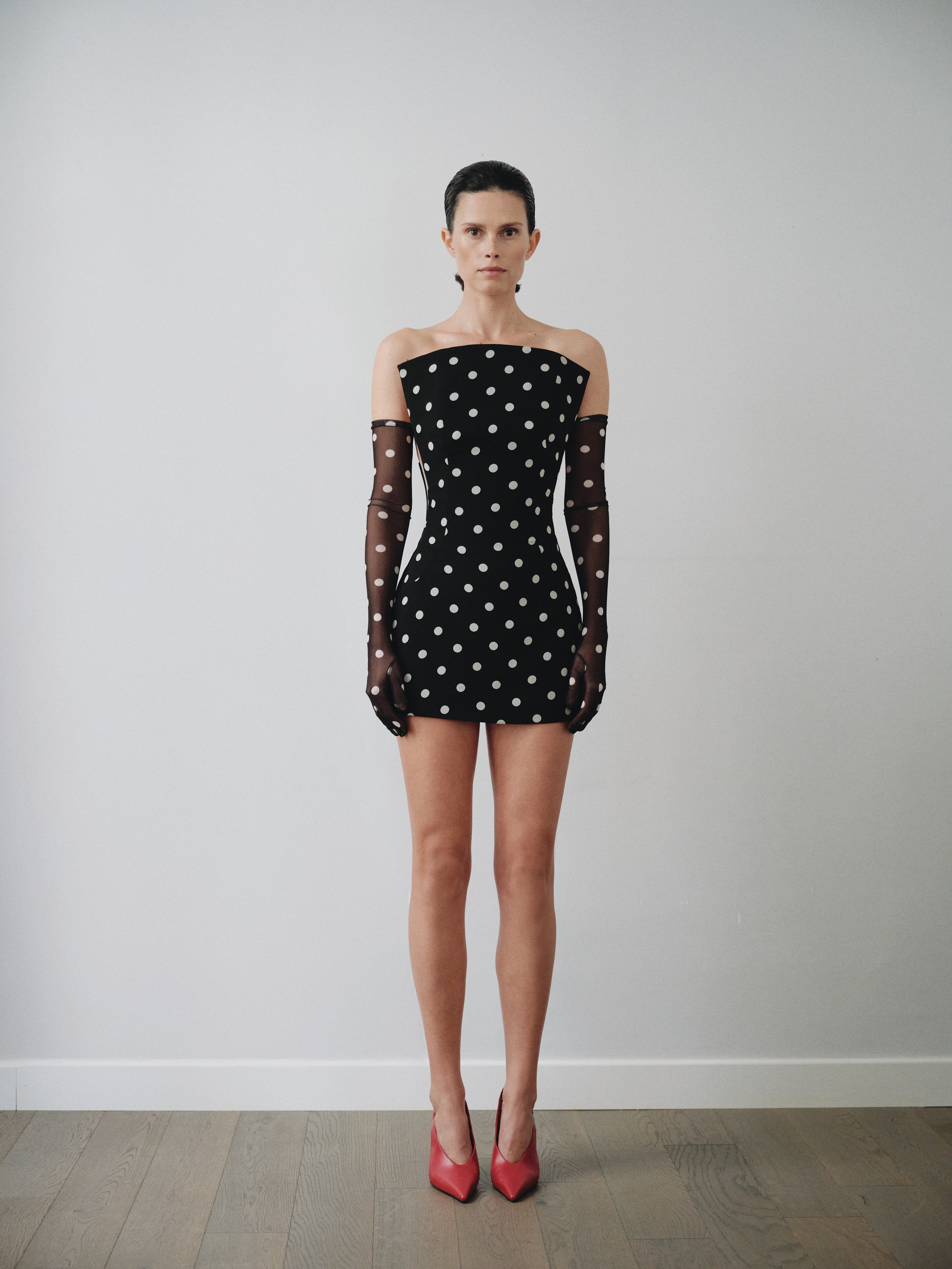 Polka Dot Mini Dress with Structure Neckline and Gloves