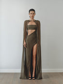Khaki Chiffon Cape Dress with Hand-Made Gold Pleated Accesory