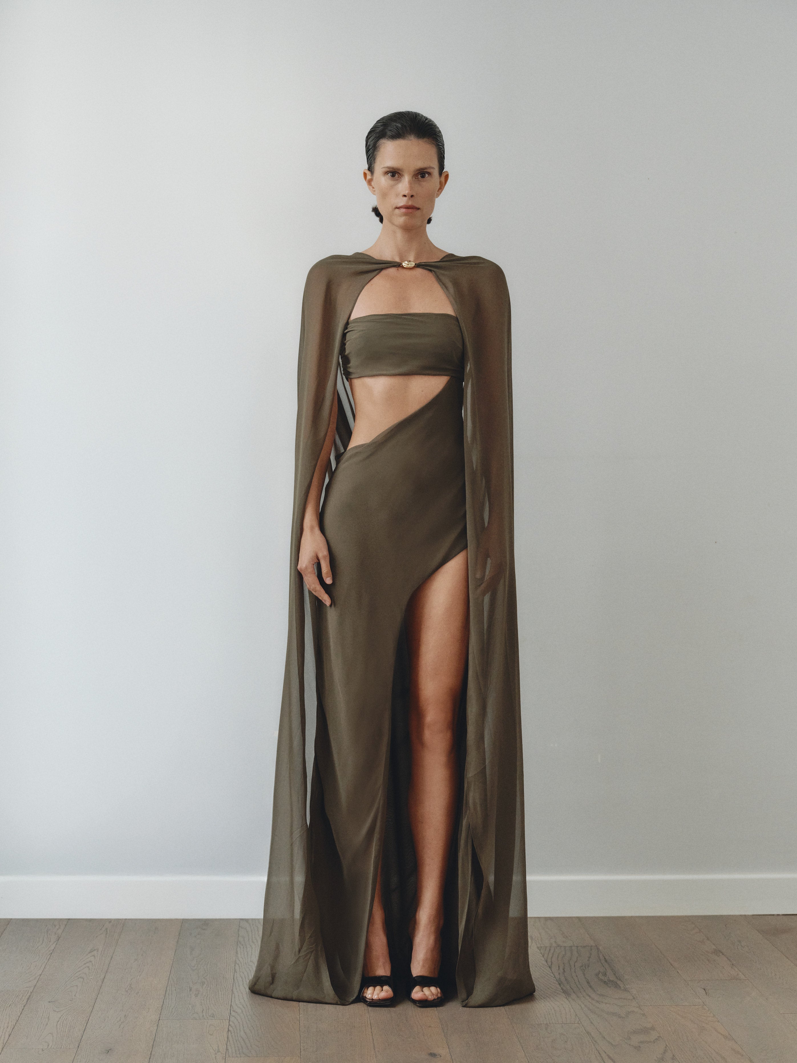 Khaki Chiffon Cape Dress with Hand-Made Gold Pleated Accesory