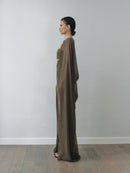 Khaki Chiffon Cape Dress with Hand-Made Gold Pleated Accesory