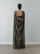Khaki Chiffon Cape Dress with Hand-Made Gold Pleated Accesory