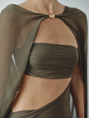 Khaki Chiffon Cape Dress with Hand-Made Gold Pleated Accesory