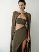 Khaki Chiffon Cape Dress with Hand-Made Gold Pleated Accesory