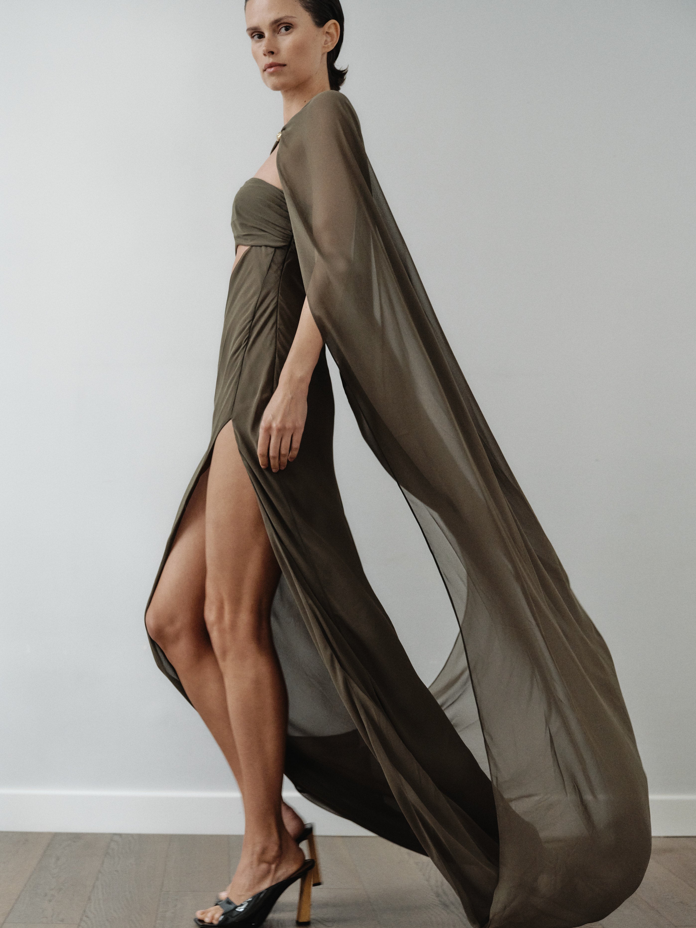 Khaki Chiffon Cape Dress with Hand-Made Gold Pleated Accesory