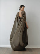 Khaki Chiffon Cape Dress with Hand-Made Gold Pleated Accesory