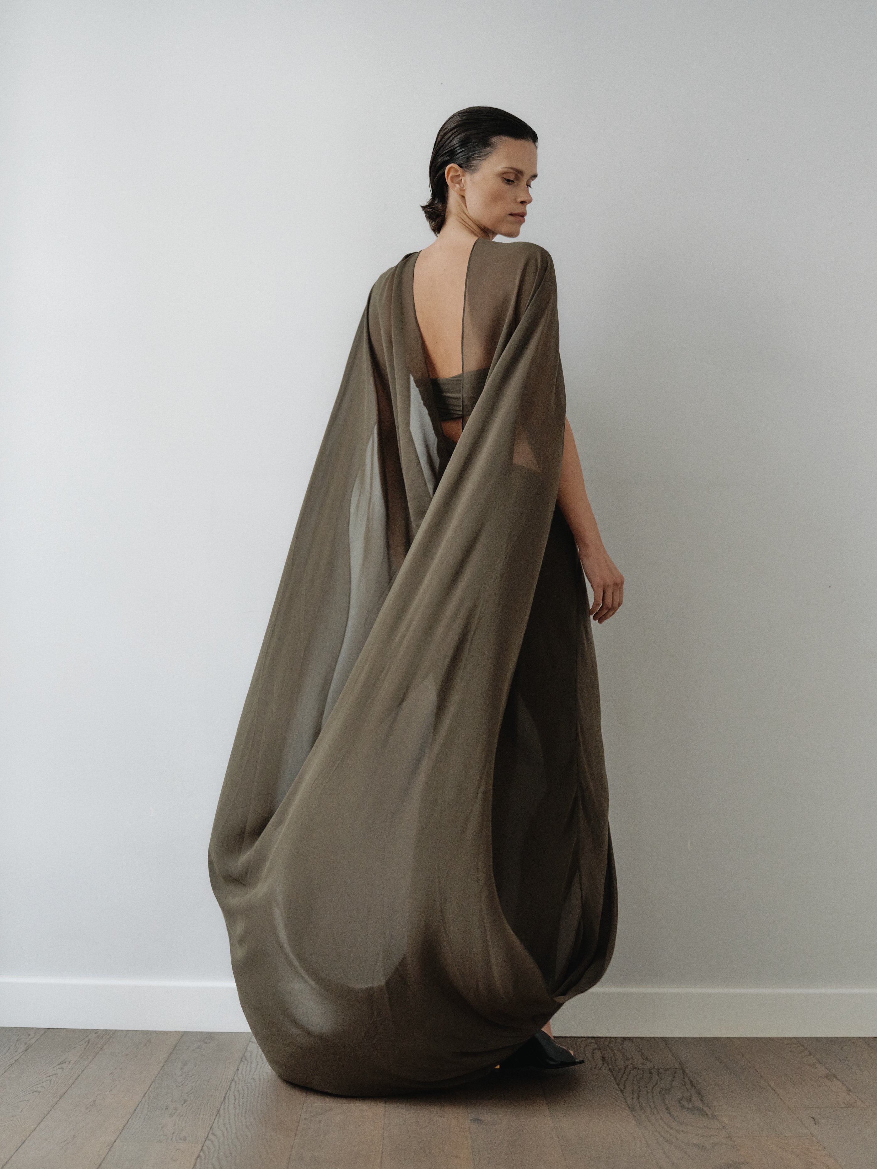Khaki Chiffon Cape Dress with Hand-Made Gold Pleated Accesory