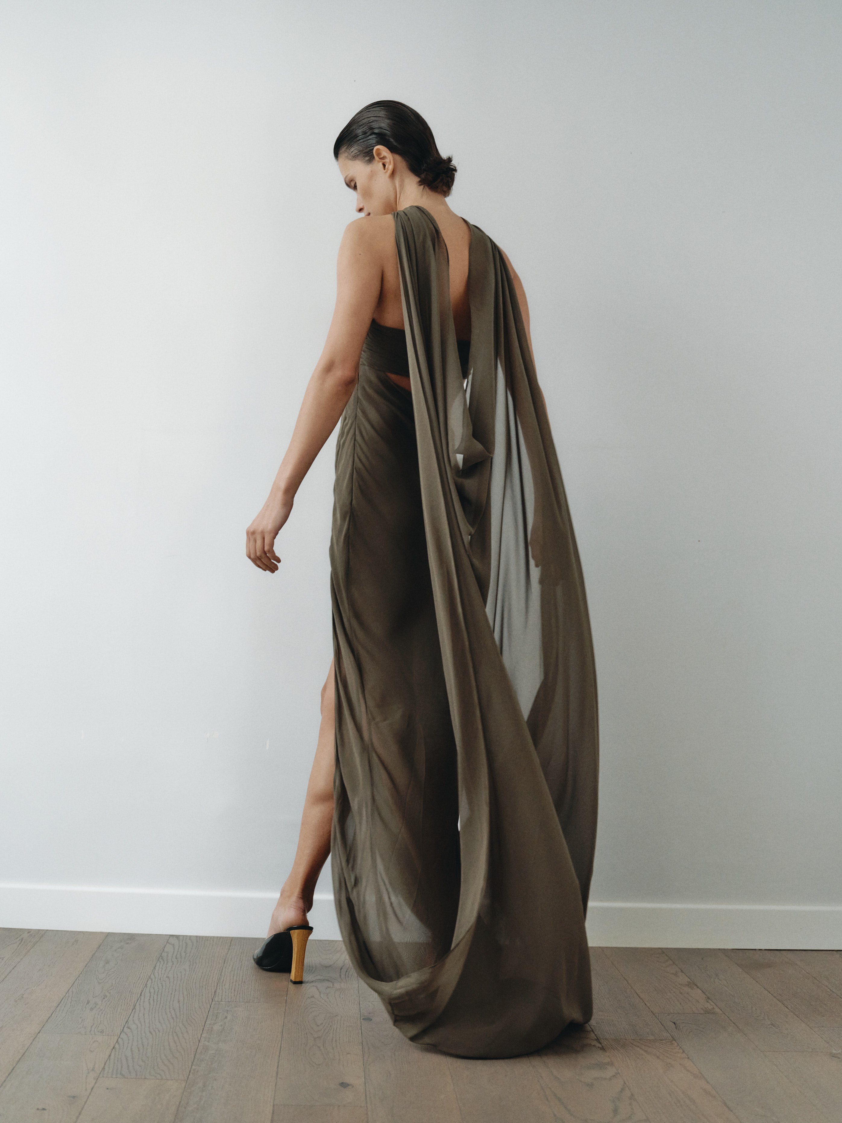 Khaki Chiffon Cape Dress with Hand-Made Gold Pleated Accesory