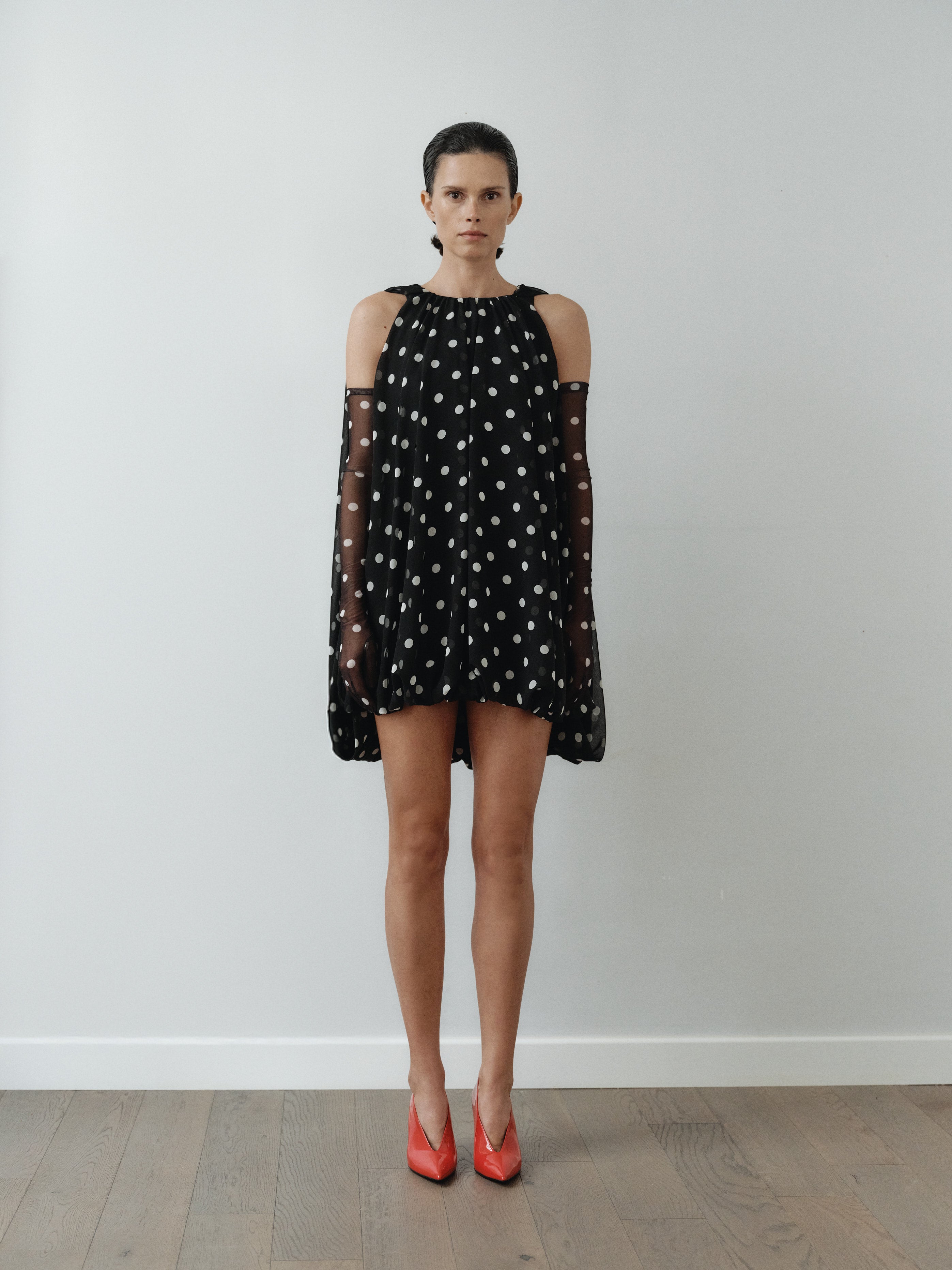 Polka Dot Chiffon Baloon Dress with Gloves