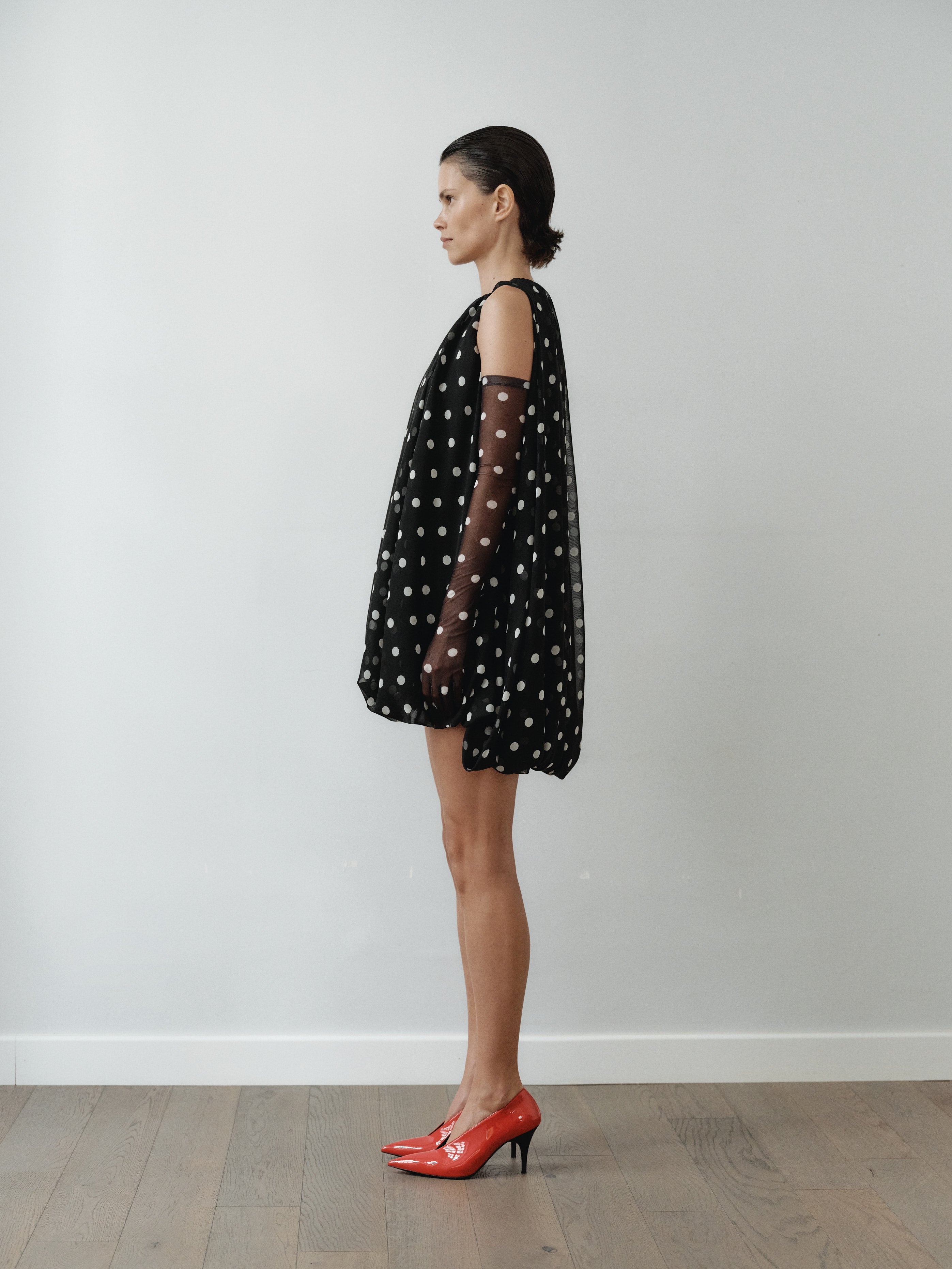 Polka Dot Chiffon Baloon Dress with Gloves