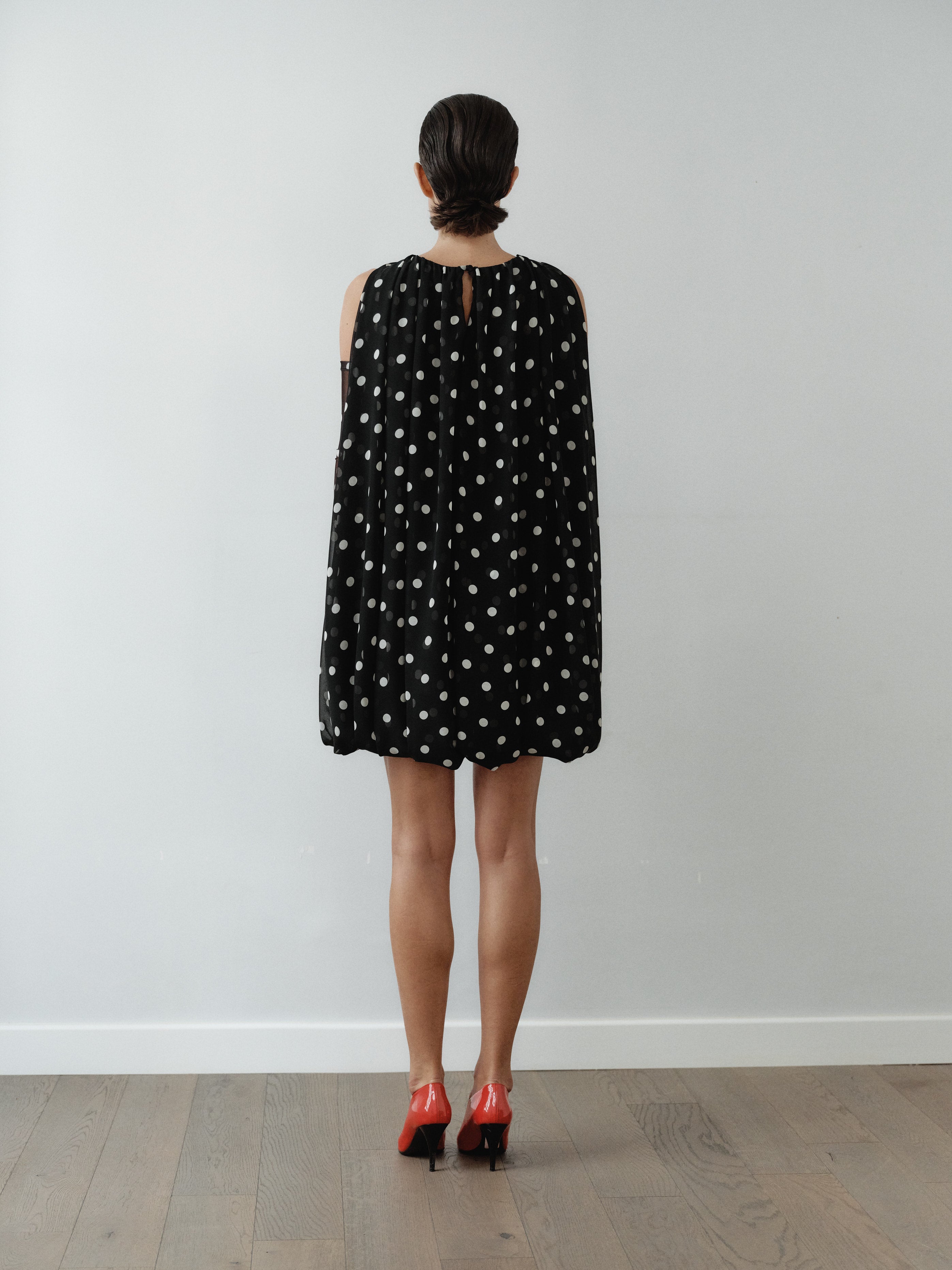 Polka Dot Chiffon Baloon Dress with Gloves