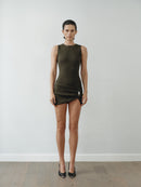 Khaki  Mini Halter Neck Dress with Hand-Made Silver Pleated Accesory