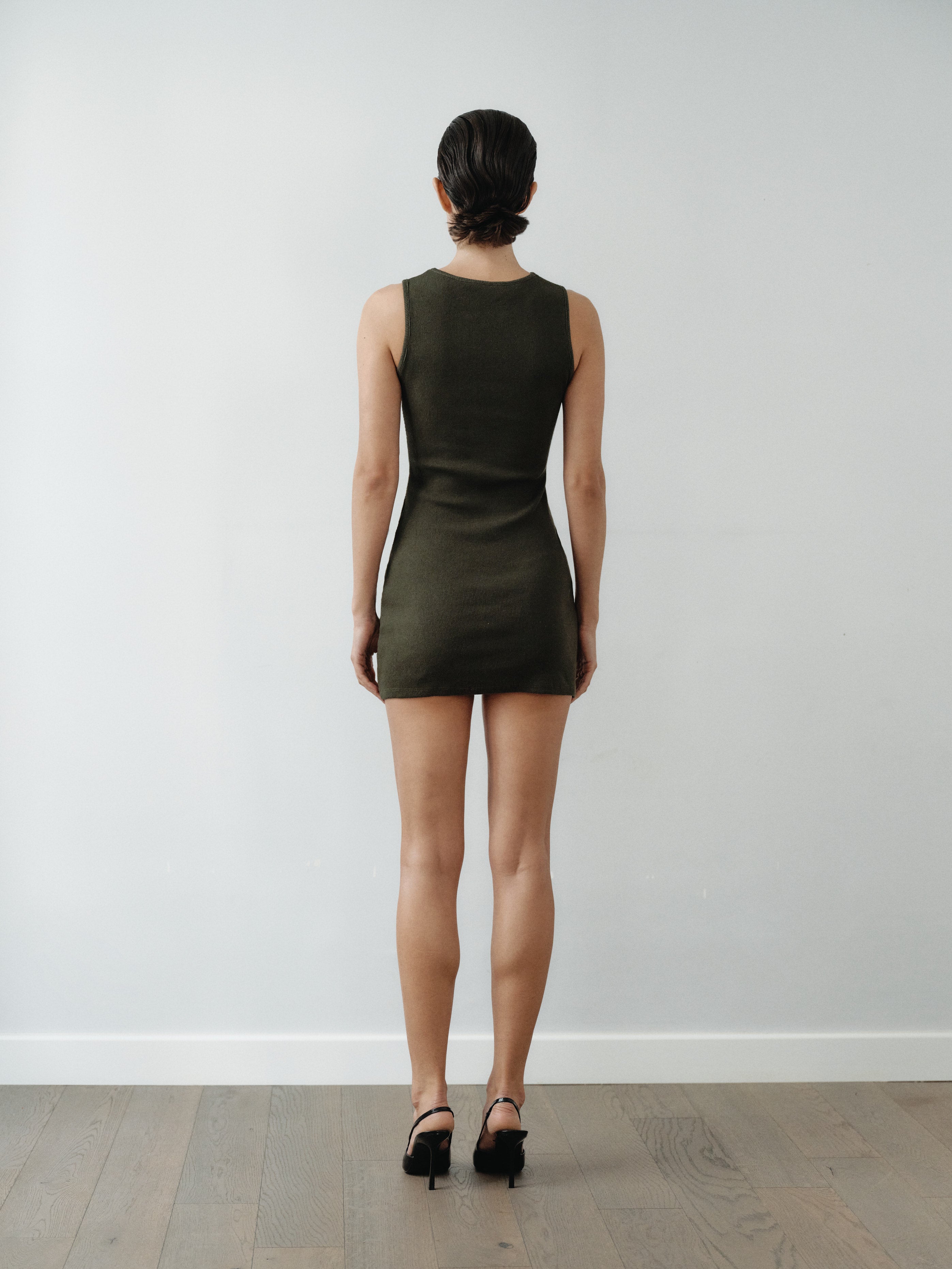 Khaki  Mini Halter Neck Dress with Hand-Made Silver Pleated Accesory