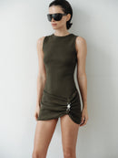 Khaki  Mini Halter Neck Dress with Hand-Made Silver Pleated Accesory