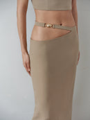 Camel Midi Skirt with Hand-Made Gold Pleated Accesory