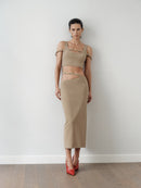 Camel Crop Top with Hand-Made Gold Pleated Accesory