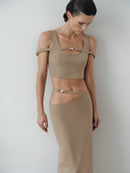 Camel Crop Top with Hand-Made Gold Pleated Accesory