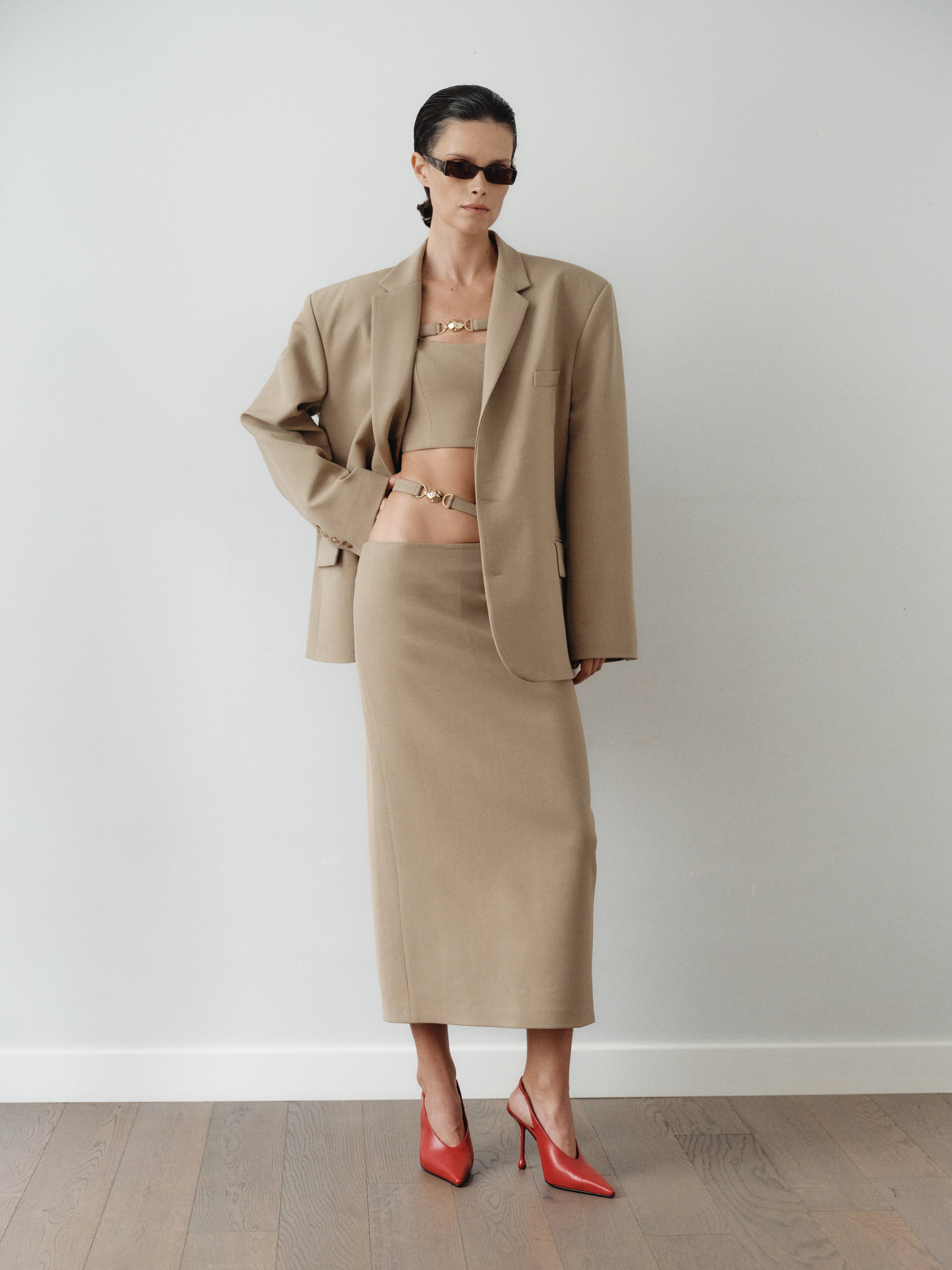 Camel Midi Skirt with Hand-Made Gold Pleated Accesory