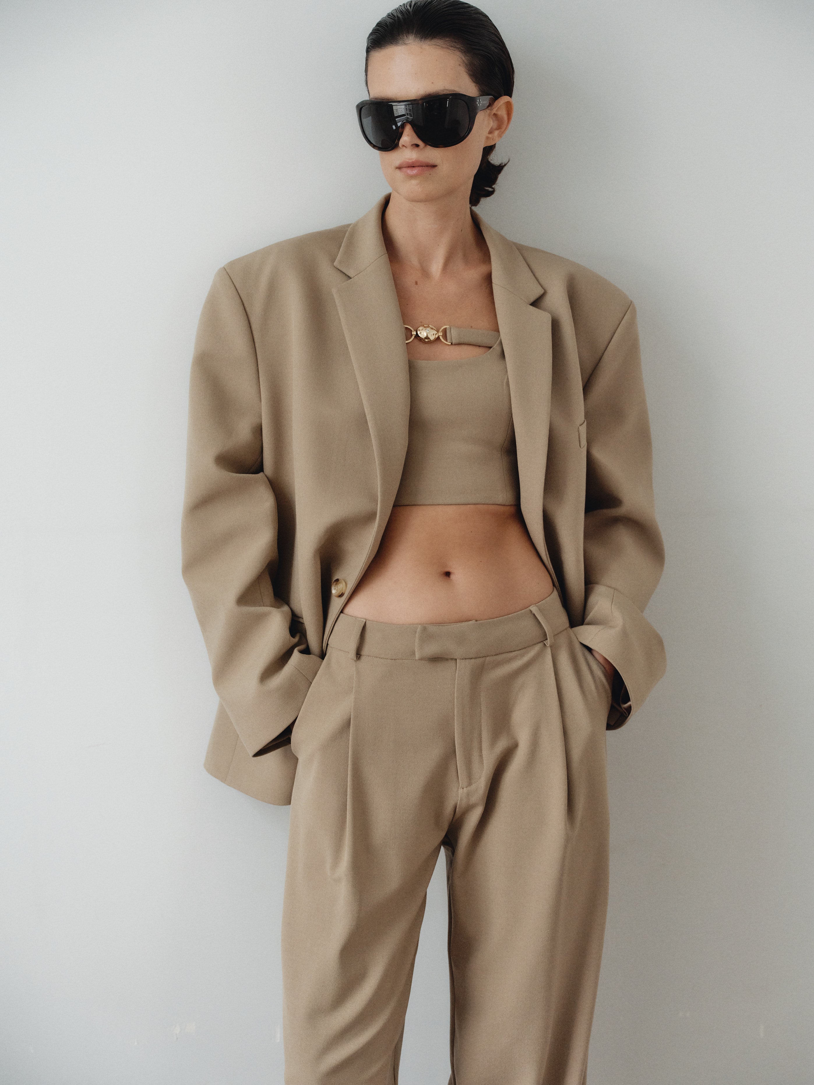 Camel Crop Top with Hand-Made Gold Pleated Accesory