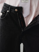 Black Wide Cut Mid Waist Jean with Hand-Made Silver Pleated Accesory