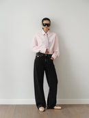 Black Wide Cut Mid Waist Jean with Hand-Made Silver Pleated Accesory