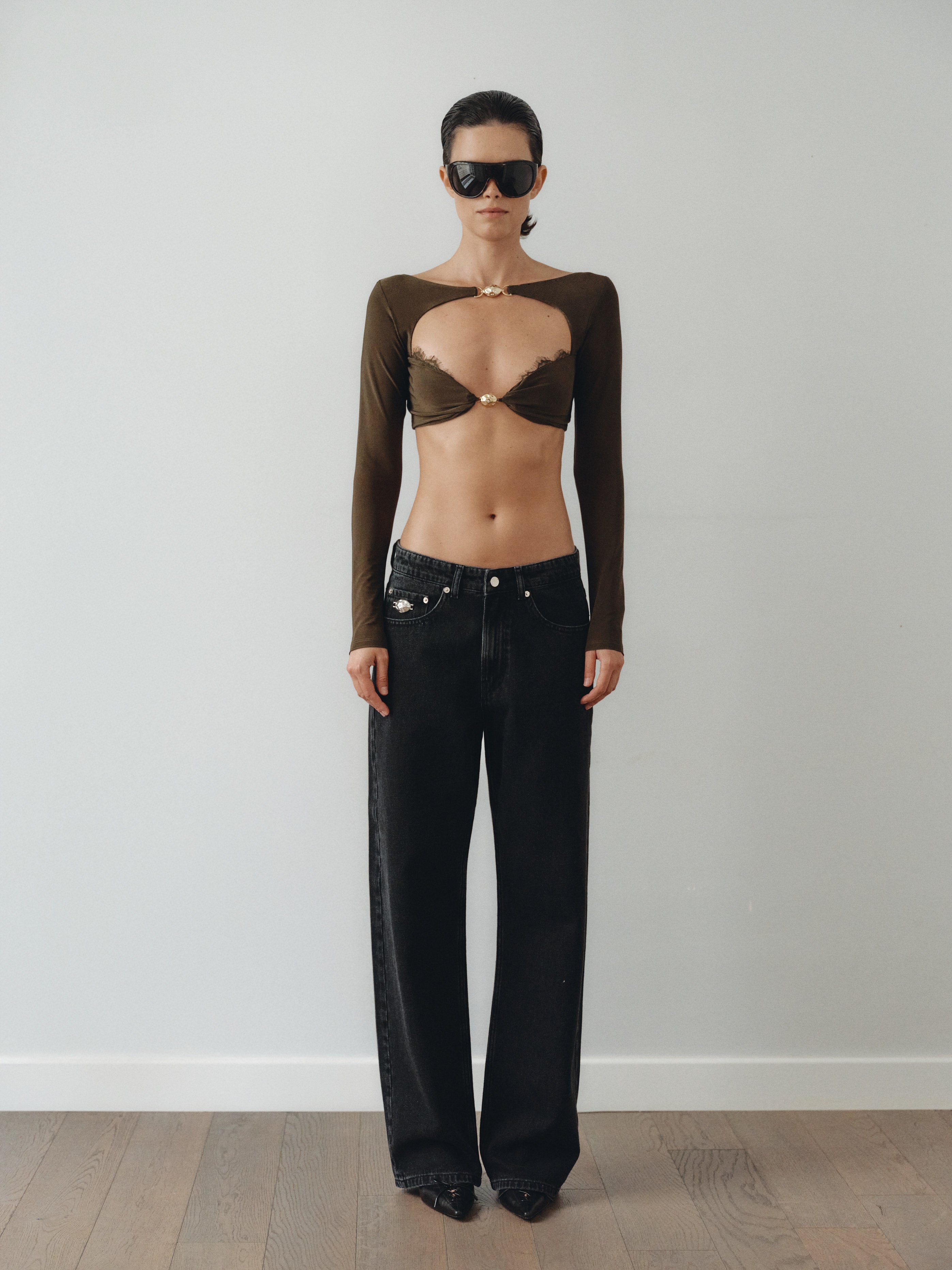 Khaki Top with Hand-Made Gold Pleated Accesory