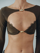 Khaki Top with Hand-Made Gold Pleated Accesory