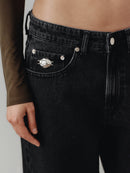 Black Wide Cut Mid Waist Jean with Hand-Made Silver Pleated Accesory