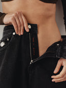 Black Wide Cut Mid Waist Jean with Hand-Made Silver Pleated Accesory