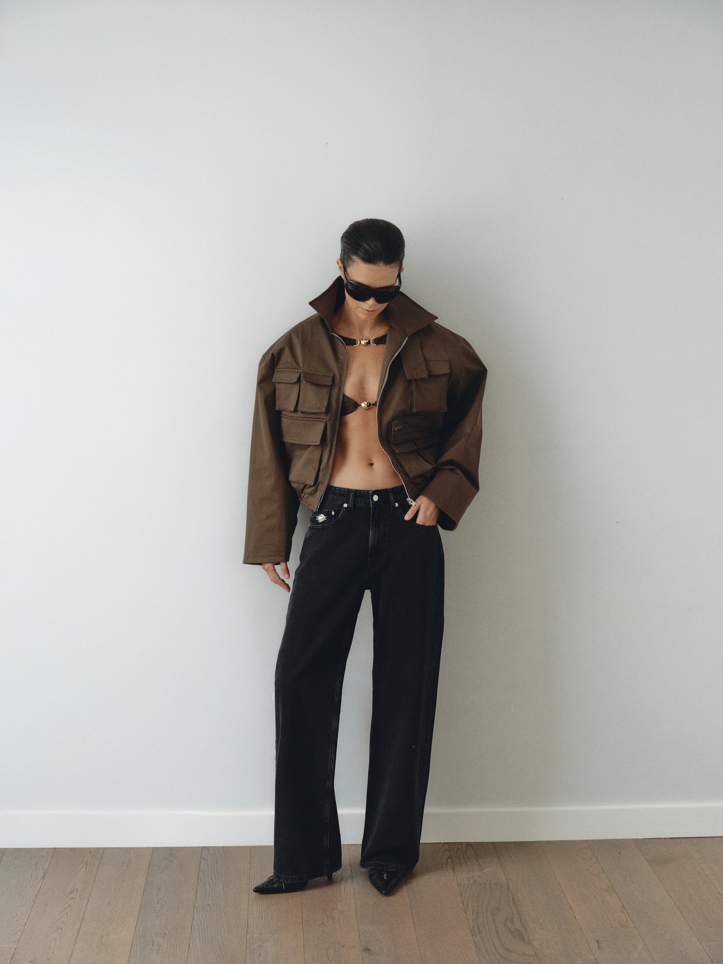 Black Wide Cut Mid Waist Jean with Hand-Made Silver Pleated Accesory