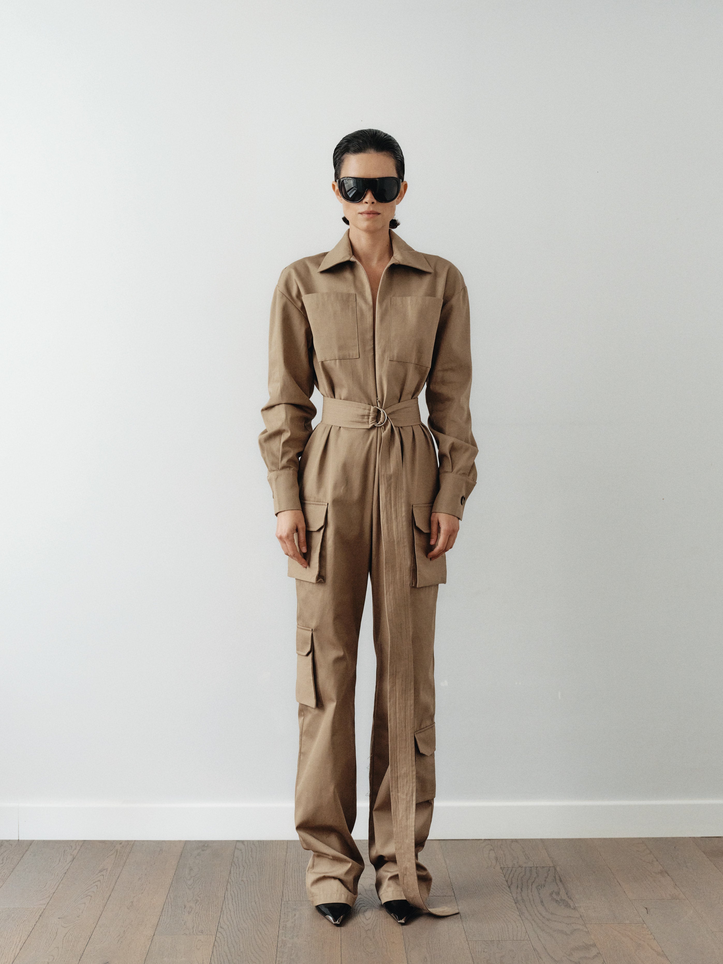 Mink Colored Recycled Cotton Cargo Jumpsuit
