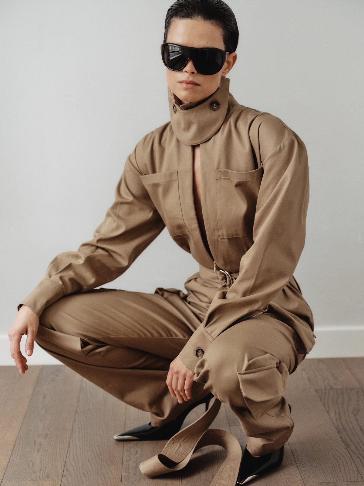 Mink Colored Recycled Cotton Cargo Jumpsuit