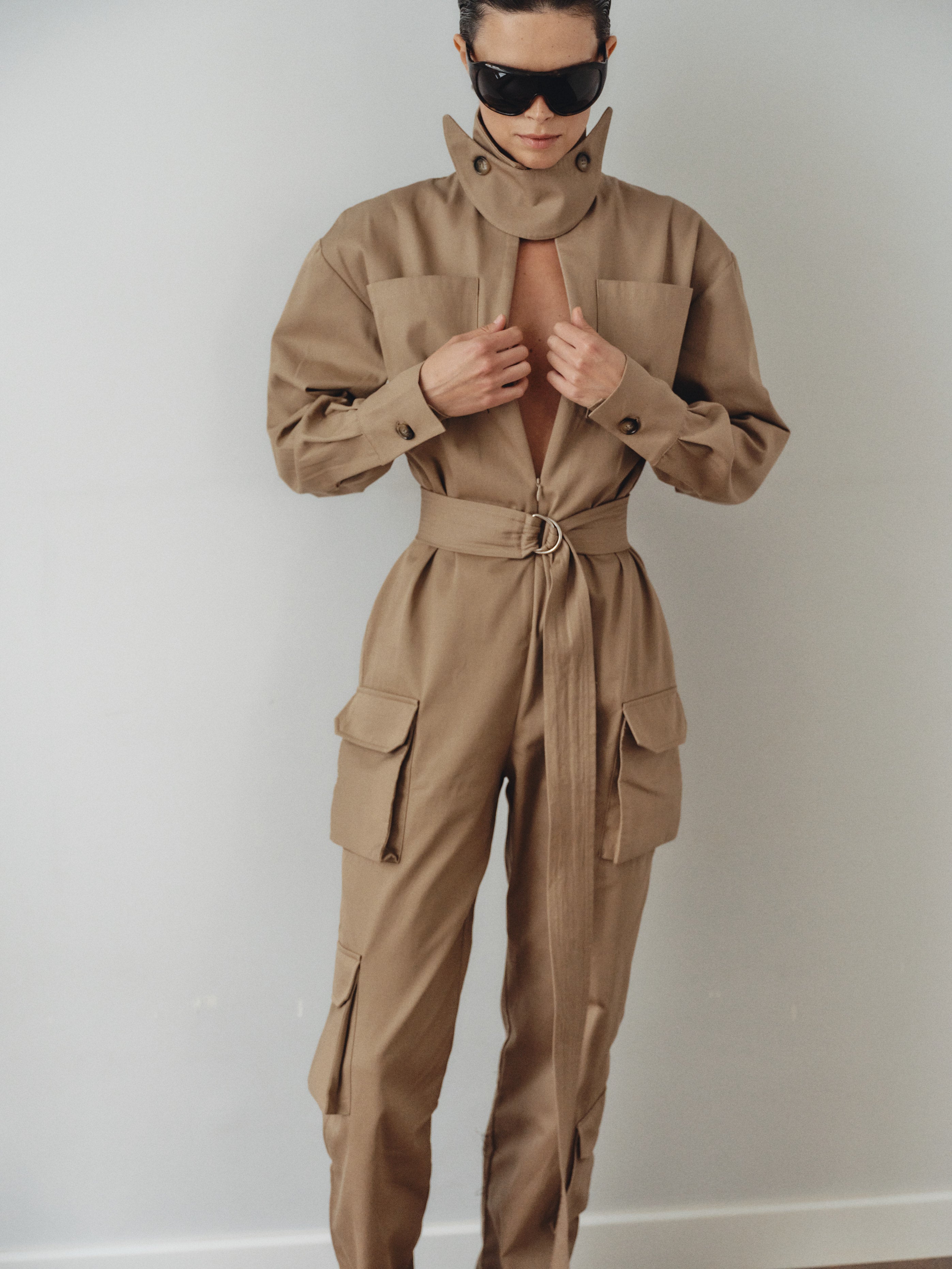 Mink Colored Recycled Cotton Cargo Jumpsuit