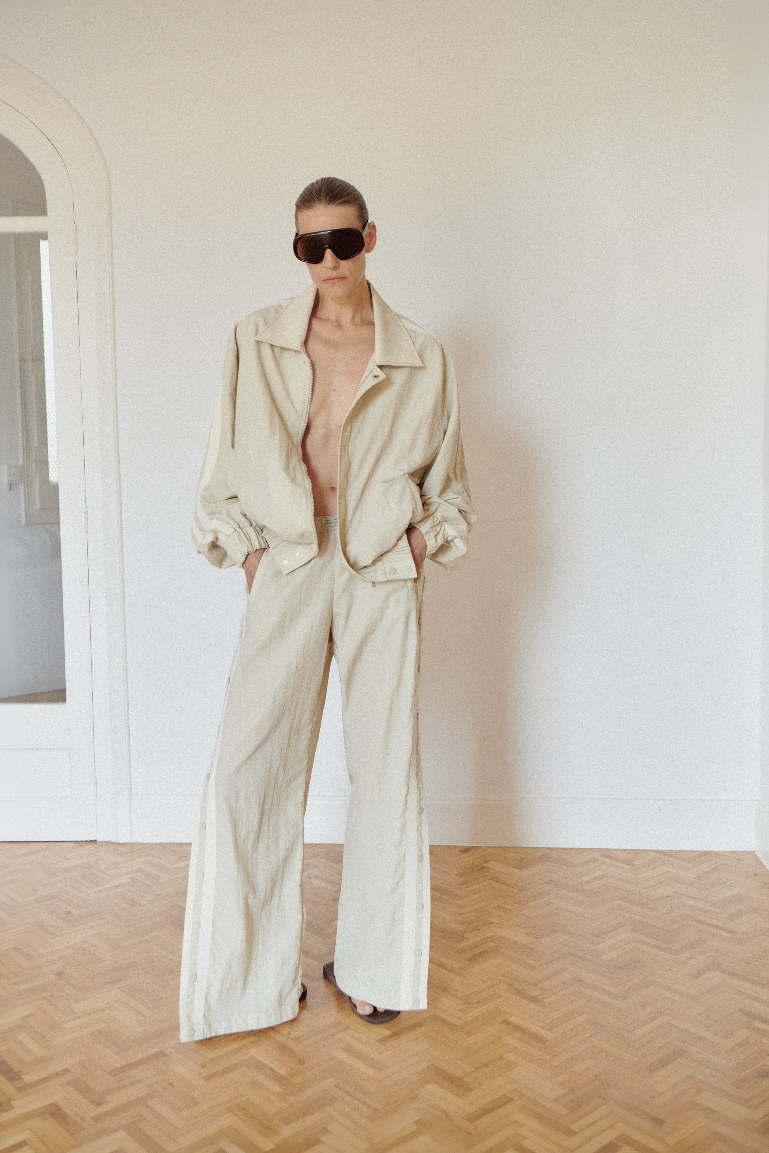 Light Beige Water Resistant Bomber Jacket with Stripes