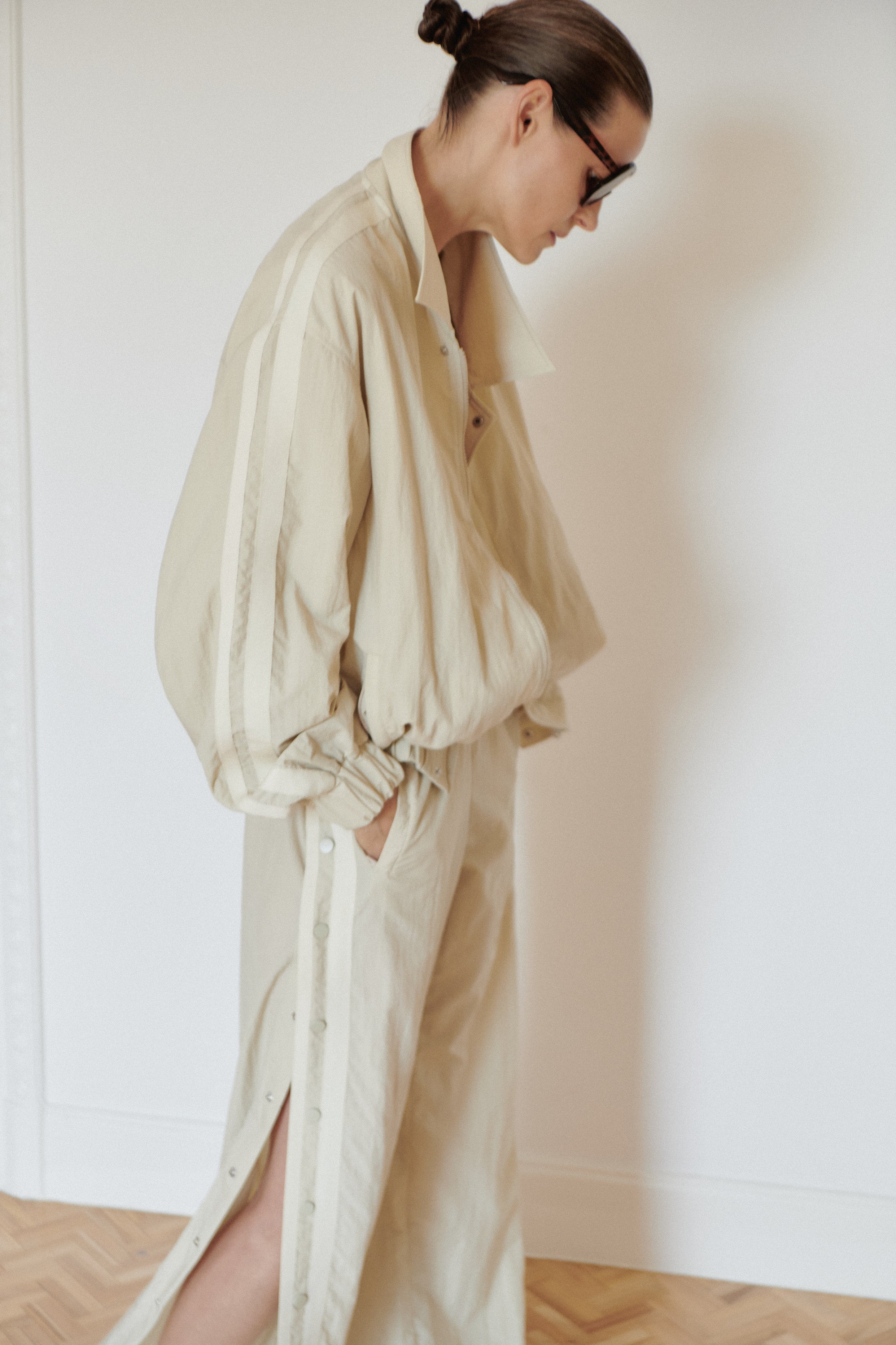 Light Beige Water Resistant Bomber Jacket with Stripes