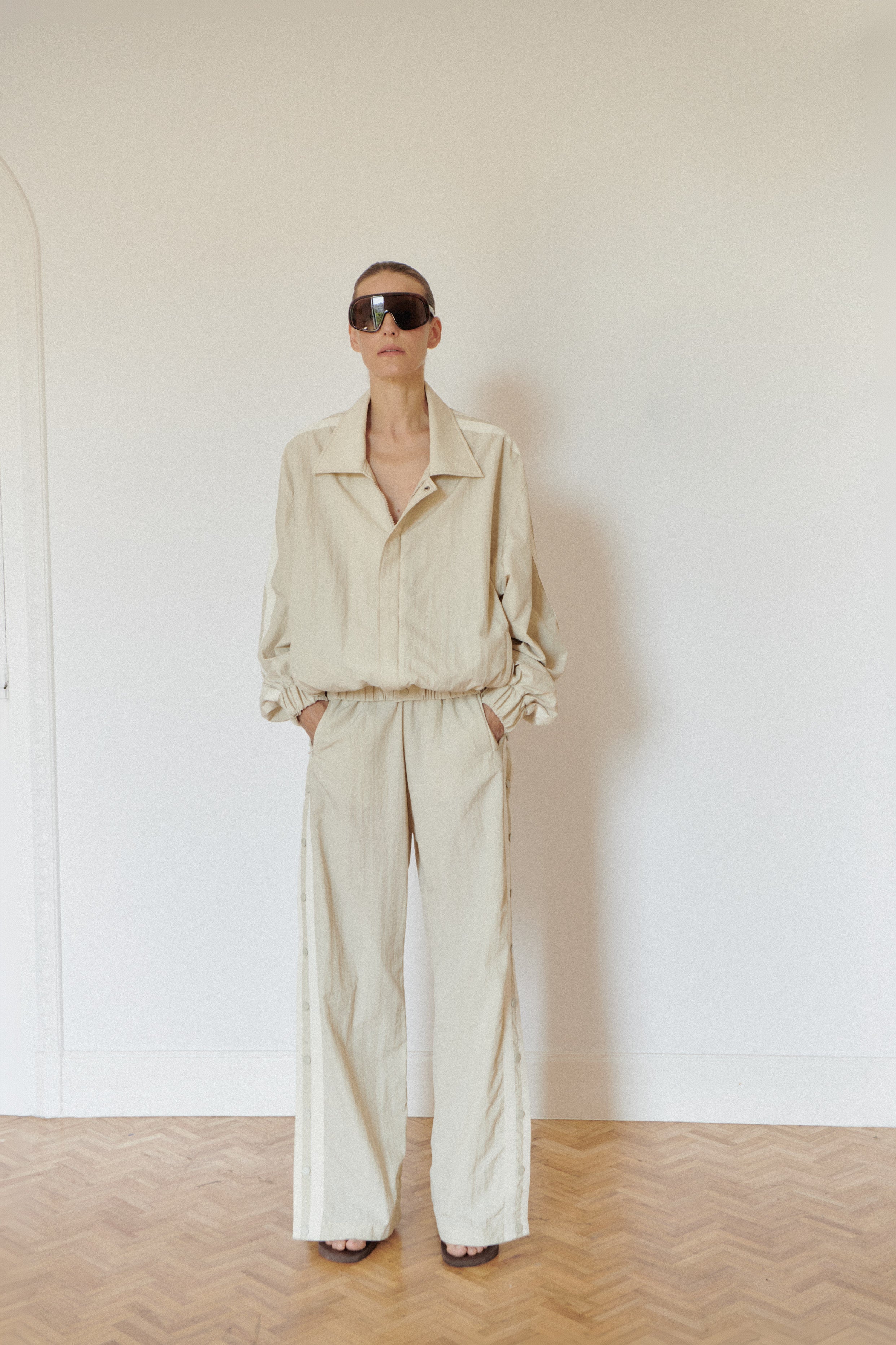Light Beige Water Resistant Bomber Jacket with Stripes