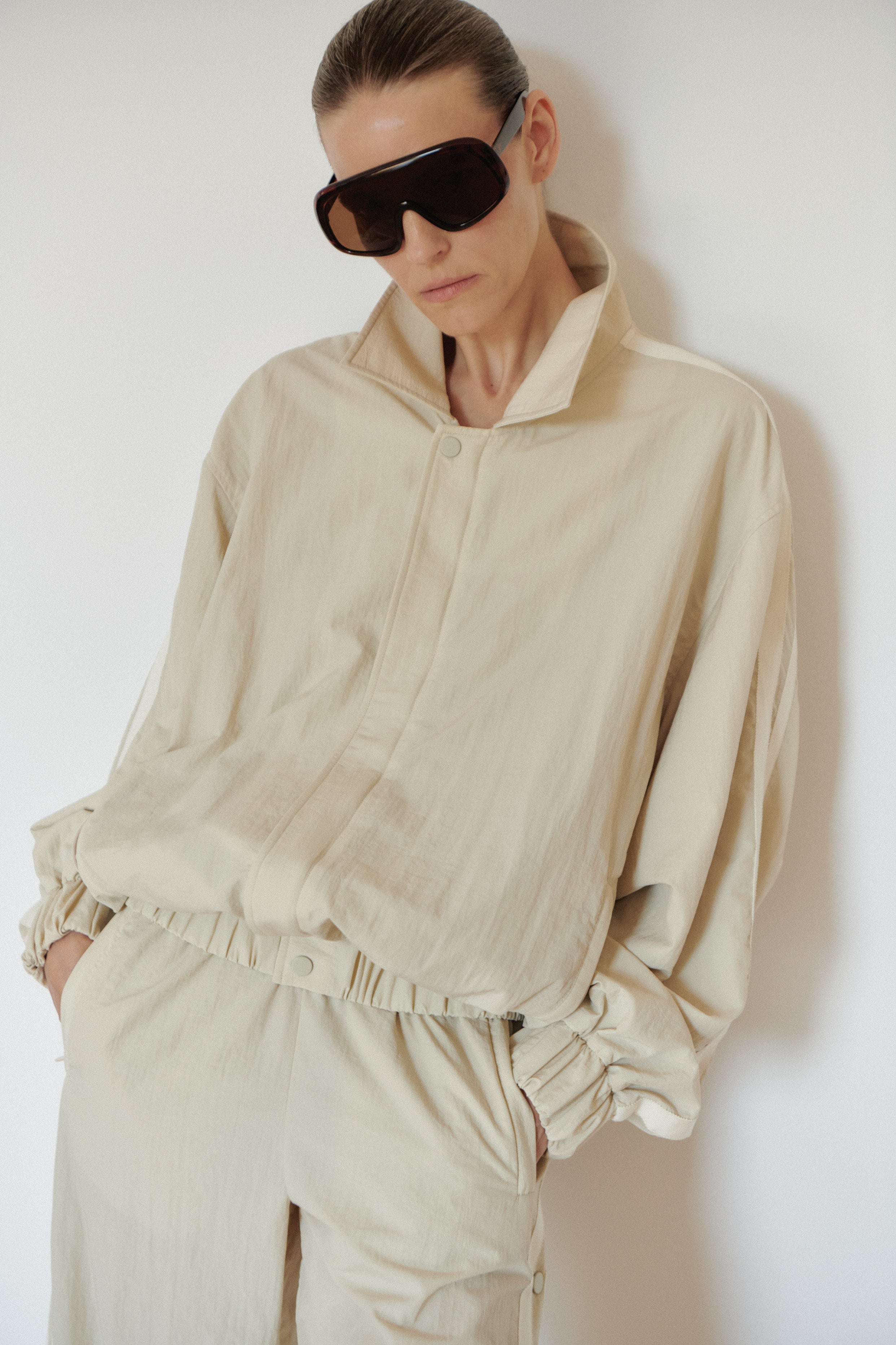 Light Beige Water Resistant Bomber Jacket with Stripes