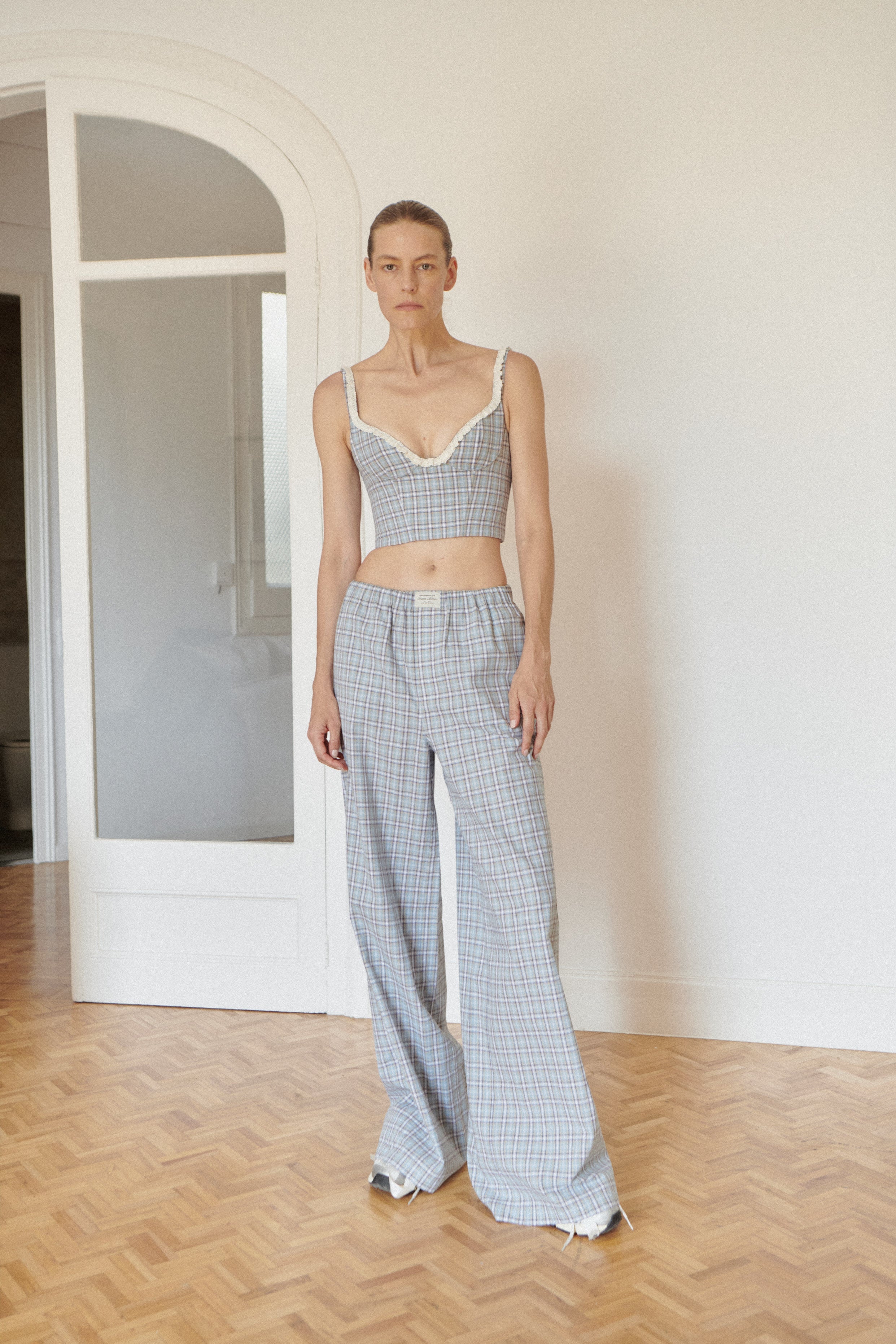 Blue Plaid Cotton Poplin Pants