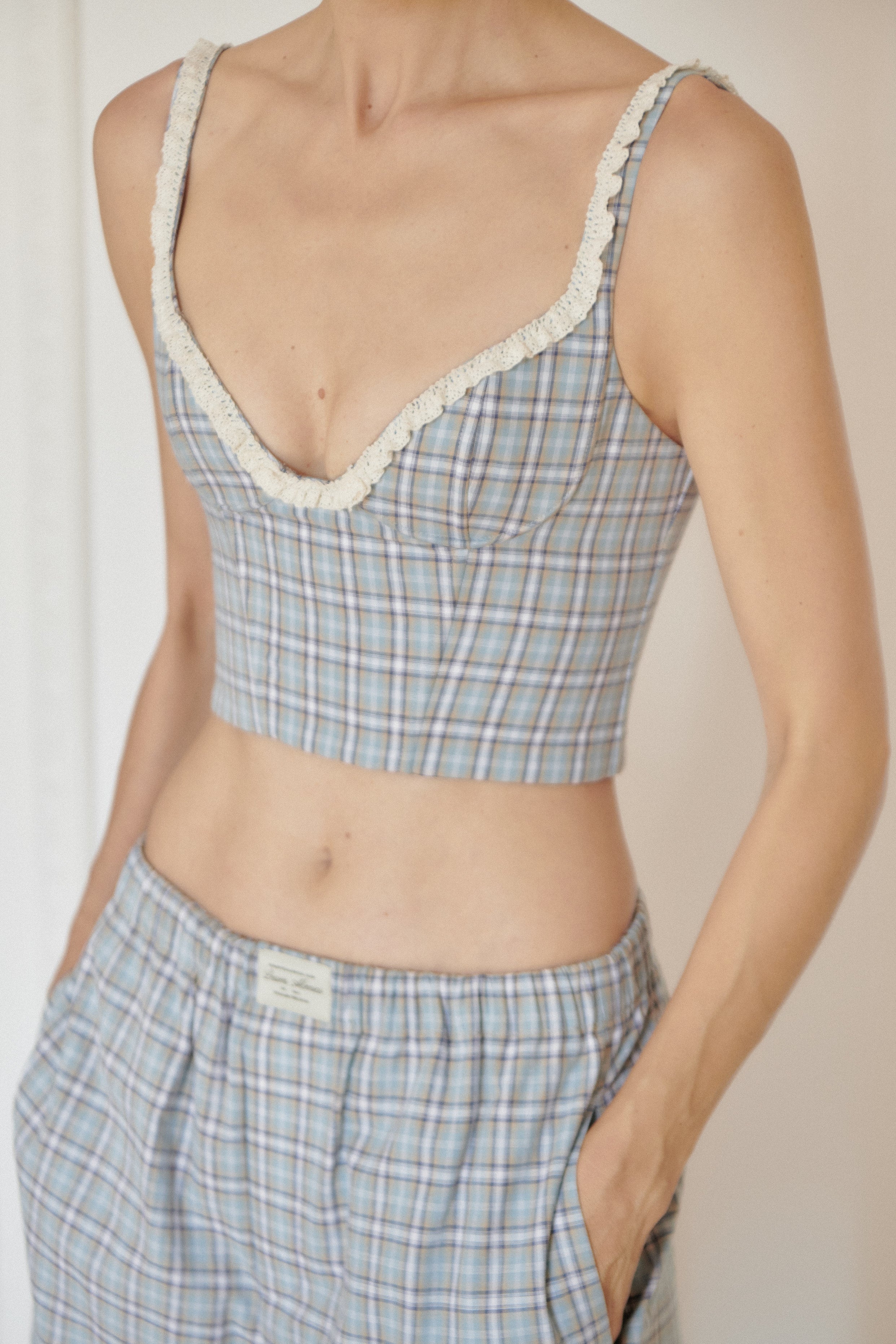 Blue Plaid Cotton Poplin Pants