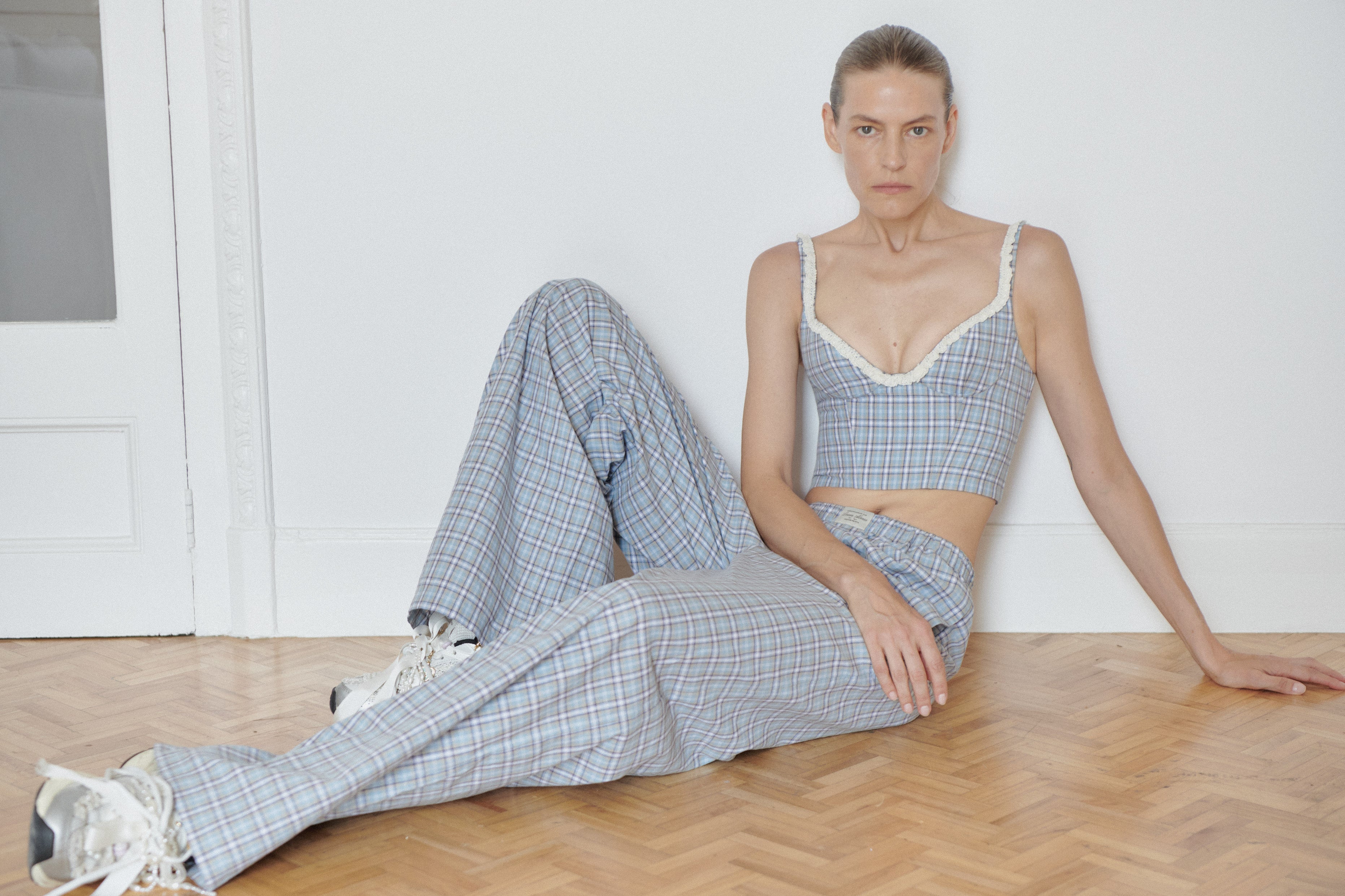 Blue Plaid Cotton Poplin Pants