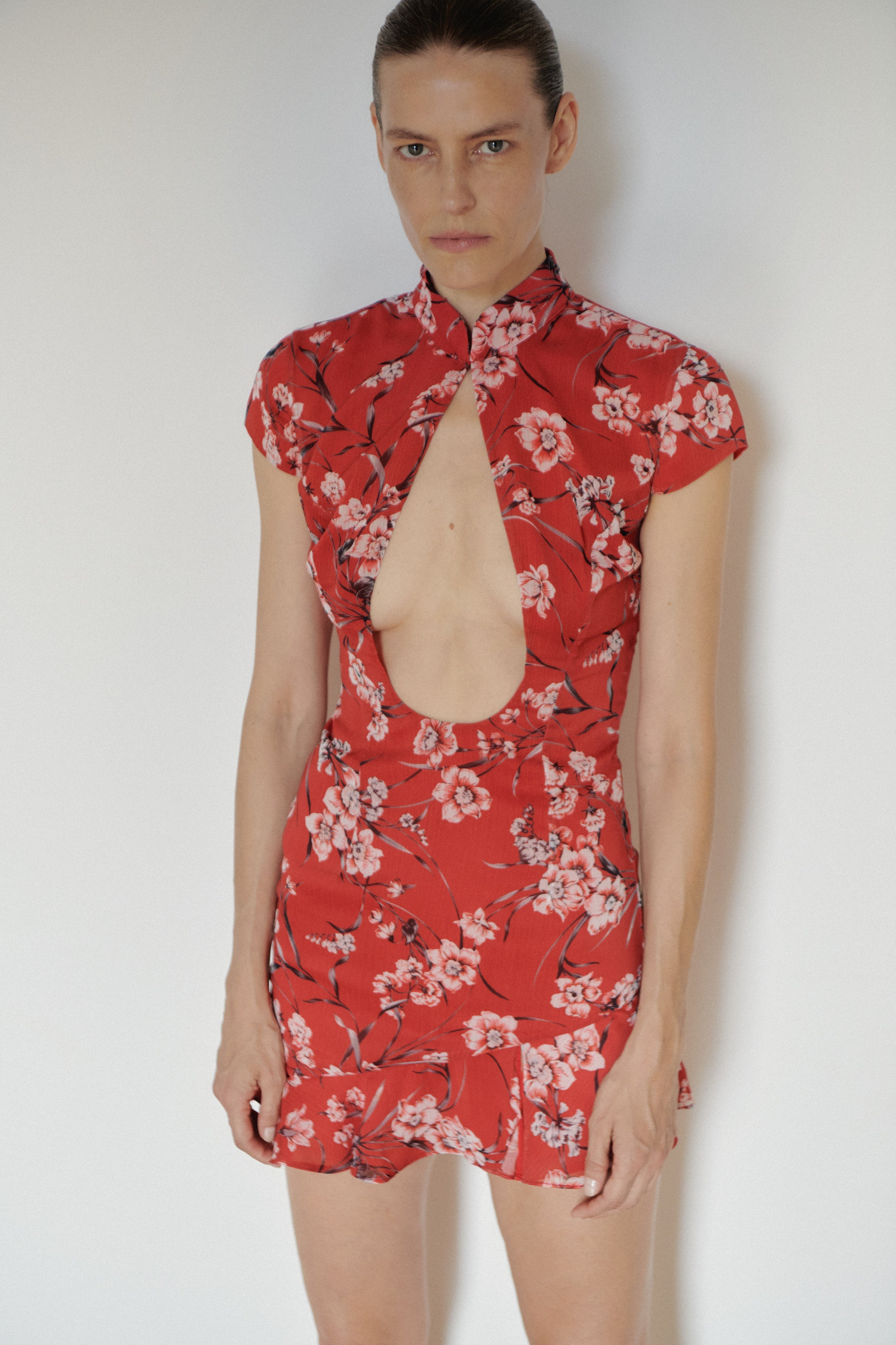 Flower Print Chiffon Mini Dress with Cut-Out