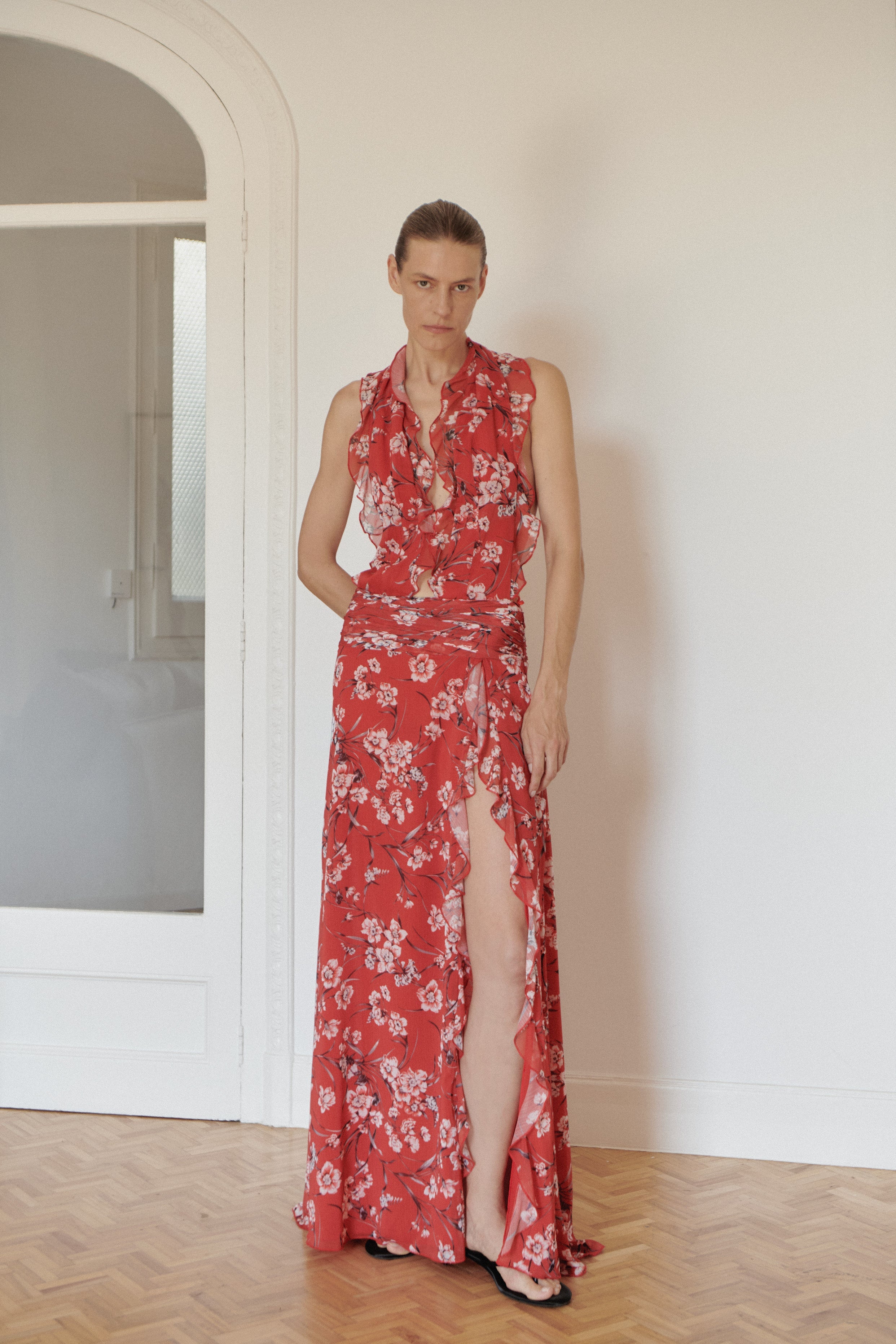 Flower Print Chiffon Dress with Side Slit