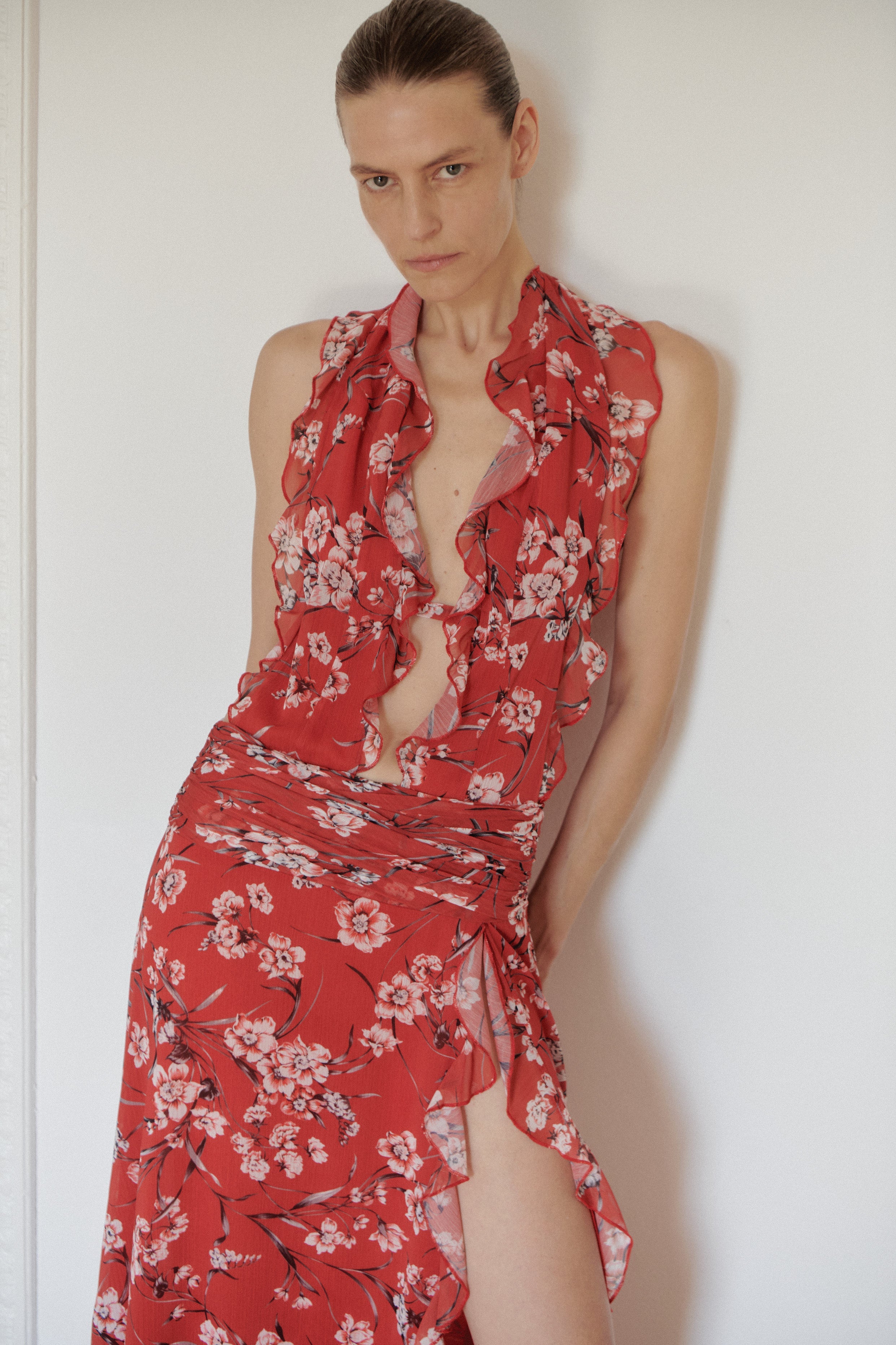 Flower Print Chiffon Dress with Side Slit