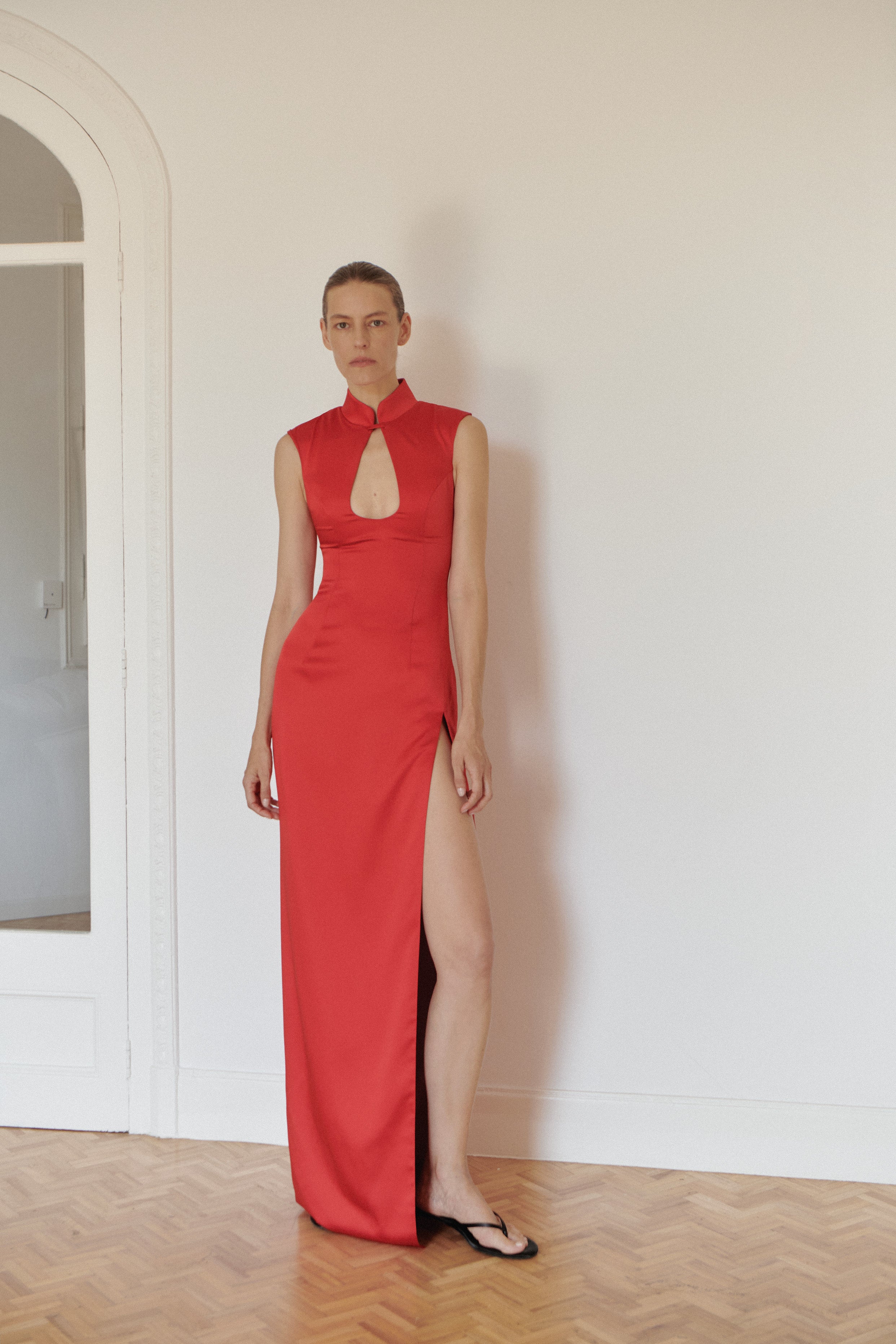 Red Maxi Dress with Cut Out and Side Slit