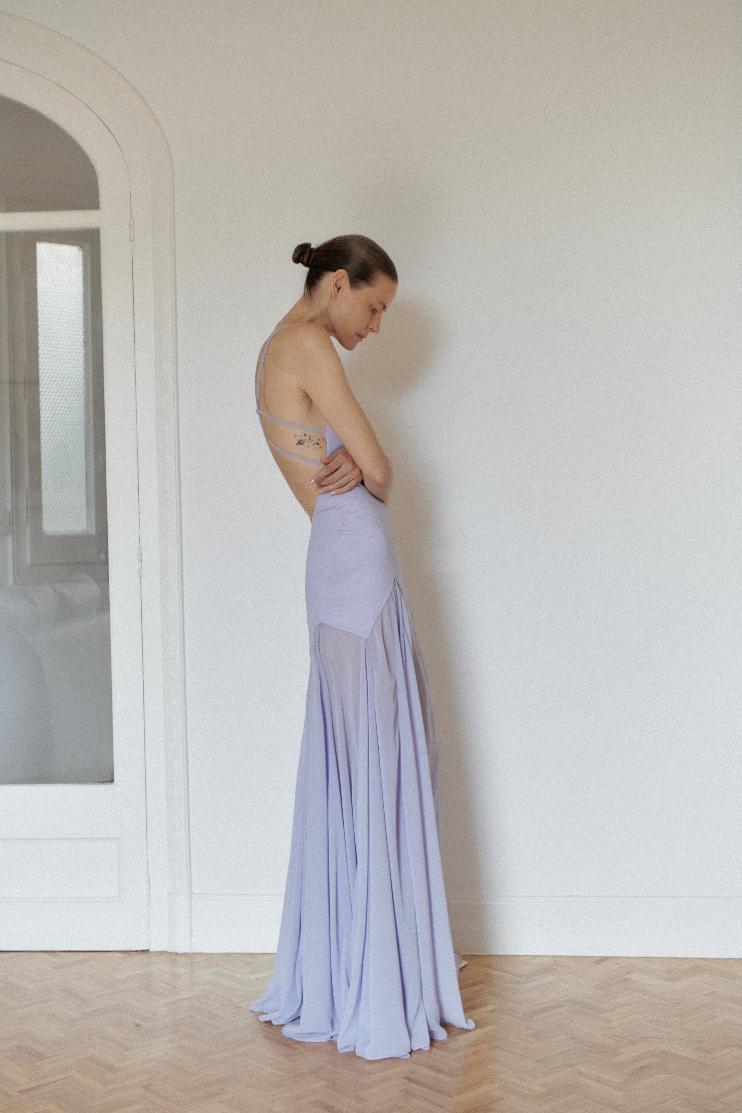 Lilac Long Dress with Open Back and Stripes