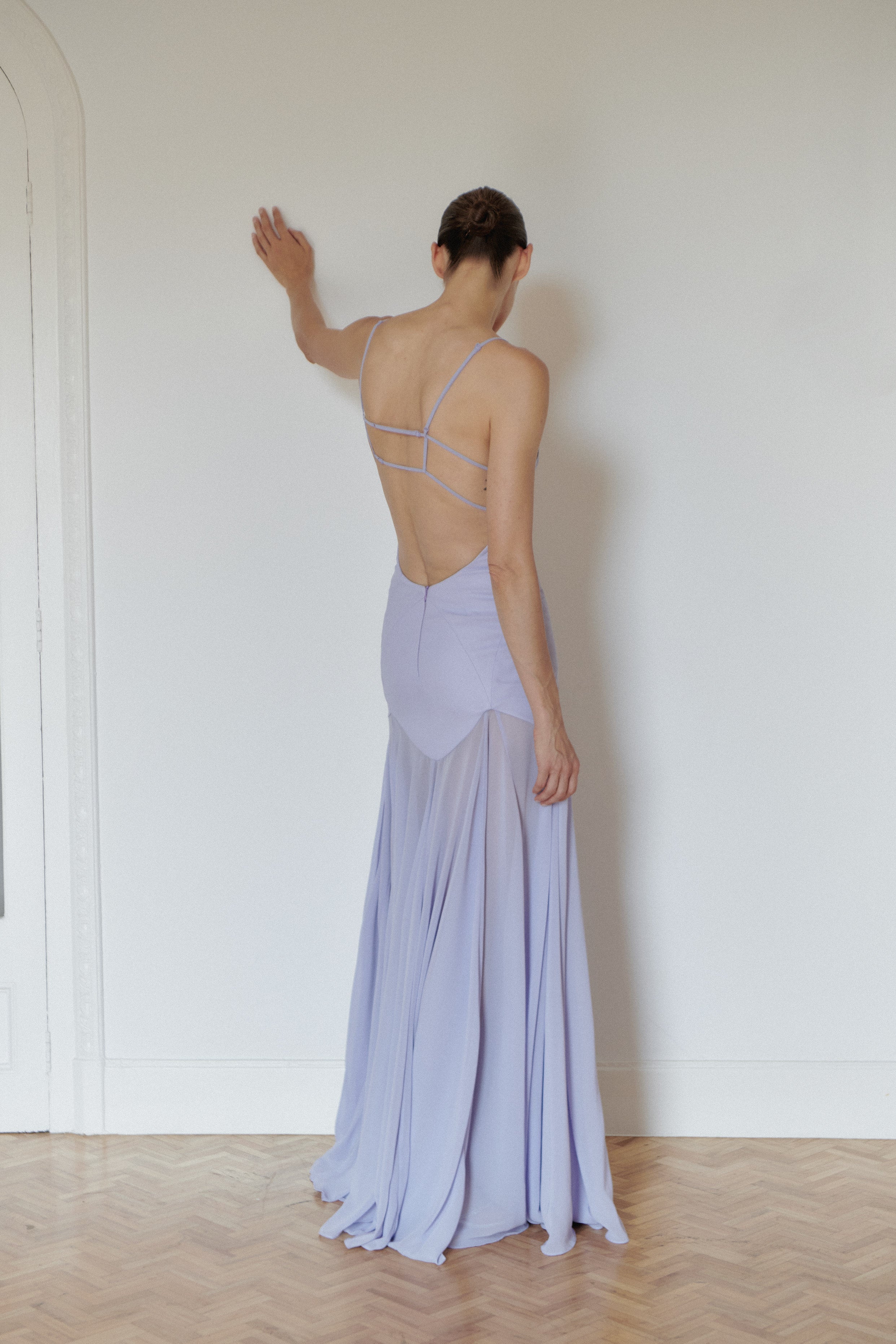 Lilac Long Dress with Open Back and Stripes
