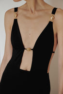 Black Maxi Dress with Hand-made Gold Pleated Accesories